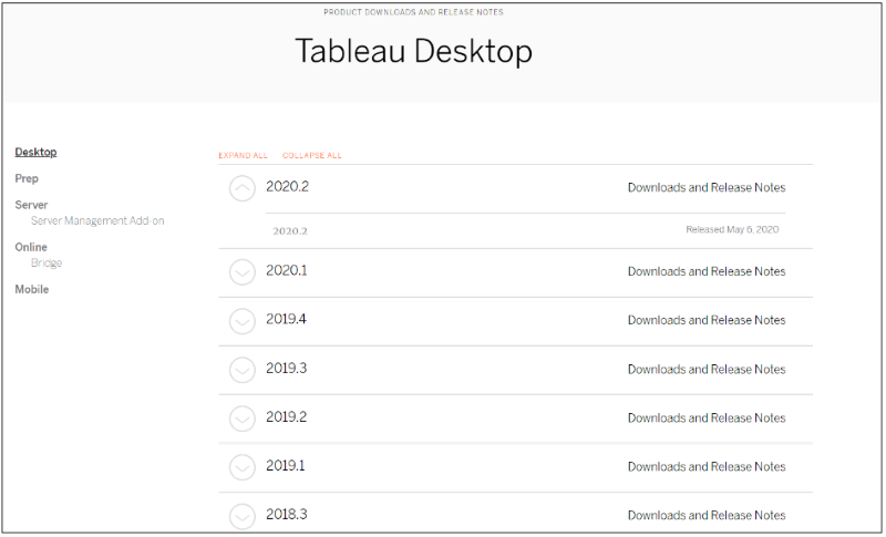 chọn phiên bản Tableau bạn muốn tải xuống