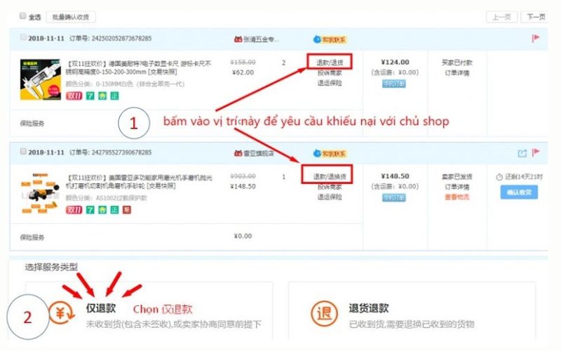 chọn đơn hàng cần hoàn tiền